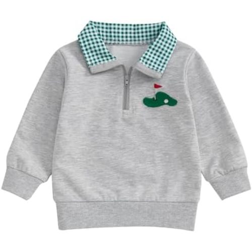 Toddler Baby Boy Fall Outfit Golf Embroidery Quarter Zip Sweatshirt Plaid Lapel Long Sleeve Collared Shirt