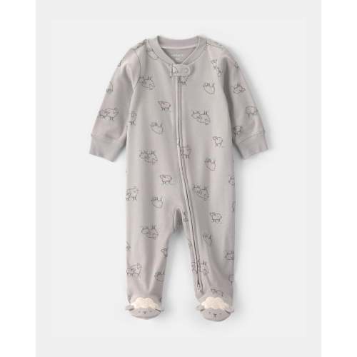 Baby Sheep 100% Cotton 2-Way Zip Sleep & Play Pajamas - Grey