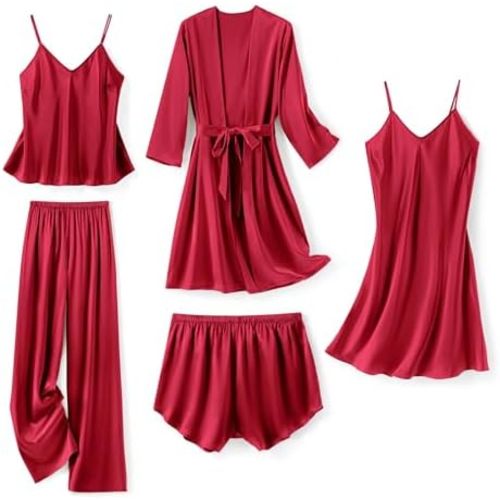 SAPJON Silk Pajamas for Women 5Pcs Sleepwear Loungewear Satin Robe Cami Shorts Pj Set
