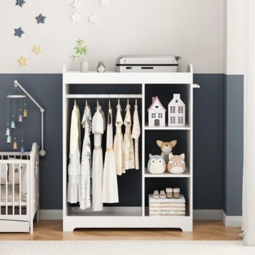 GDFStudio Amoie Modern Kids Clothes Rack with Hanging Rod, Mirror and 3 Side Hooks, White