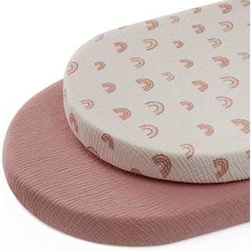 Blissful Diary Muslin Bassinet Sheets for Baby Girls Boys, Boho Soft Cotton Fitted for Oval Hourglass Rectangle Mattress, 2 Pack(Dusty Pink&Rainbow)