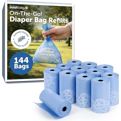 Jool Baby Disposable Diaper Bag Refills for Diaper Bag Dispenser (12 Rolls, 144 Count) – Lavender-Scented Odor-Controlling Diaper Sacks – Fits Any On-the-Go Dispenser