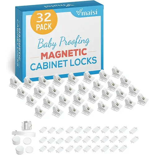 Vmaisi Adhesive Magnetic Locks for Cabinets & Drawers (32 Locks and 4 Keys)