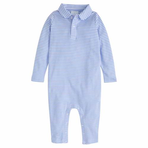 Long Sleeve Polo Romper - Light Blue Stripe