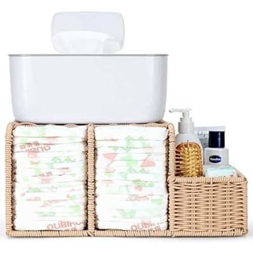 Diaper Caddy Organizer, Hand Rattan Nursery Storage Basket for Baby Essentials, Baby Changing Table Organizer Perfect Nursery Assistant (Solid Rattan, M)
