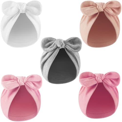 DRESHOW BQUBO 5 PCS Baby Cotton Hats Big Bow Knotted Headwrap Turban Baby Infant Beanie Baby Girl Soft Toddler Cap for Winter