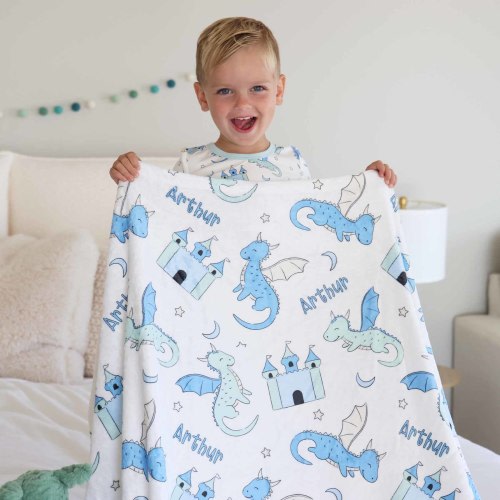 Dragon Adventure Personalized Kids Blanket | Blue
