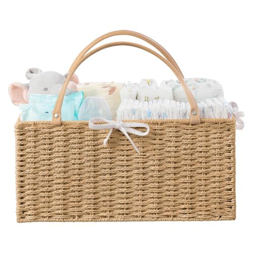 HBlife Large Baby Diaper Caddy Organizer, Paper Rope Storage Baskets Nursery Bin with Removable Divider, Portable Car Organizer for Diapers, Baby Shower Gifts, Newborn Essentials Must Haves