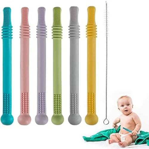 Fu Store Hollow Teether Tube, 6 Pack Chew Straw Toy for Infant Toddlers Silicone Tubes Teething Toys for Babies 3-12 Months BPA Free/Freezable/Dishwasher and Refrigerator Safe