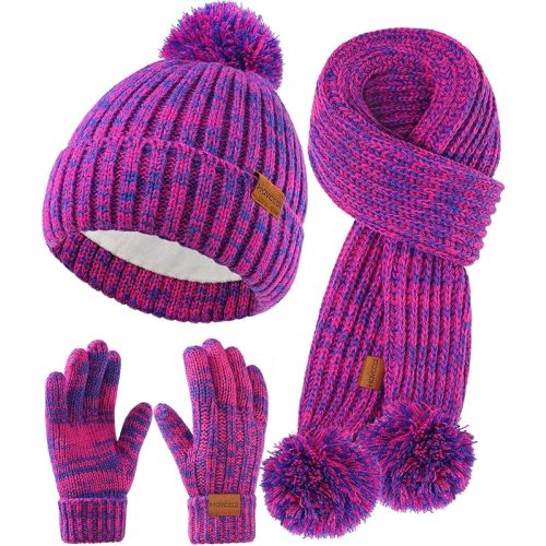 Kids Winter Hat Scarf Gloves Set - Girls Boys Fleece Lined Beanie Hat with Pom Knit Scarf Warm Mittens for Children