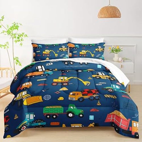 QOOMO 7 Pieces Construction Kids Comforter Set for Boys Girls Queen Size Dark Blue Cartoon Truck Cars Bedding Set Room Decor Equipment Excavator Tractor Quilt with Comforter, Sheets and Pillowcases