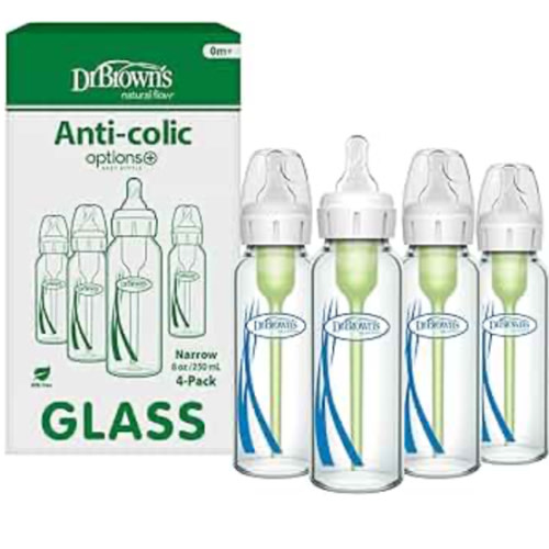 Dr. Brown's Anti-Colic Options+ Narrow Glass Baby Bottle with Level 1 Slow Flow Nipple, BPA-Free, 8 oz/250 mL, 4-Pack