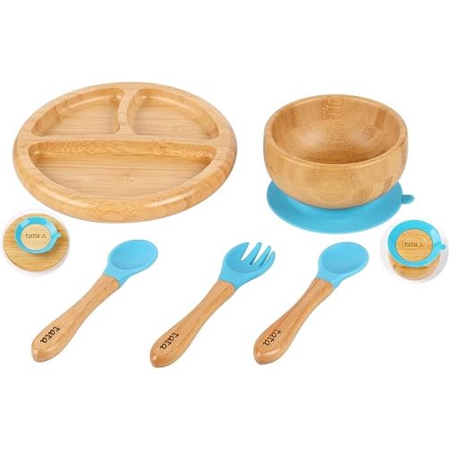 TATA AMG® Bamboo Suction Plate & Bowl with Fork and 2 Spoons | Divided Wooden Feeding Dish for Toddlers | BPA-Free Baby Led Weaning (BLW) Utensil Set
