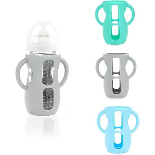 3-Pack Avent Glass Bottle Silicone Sleeve with Handles, BPA-Free Drop-Resistant Baby Bottle Sleeves, Compatible with Philips Avent Natural Glass Baby Bottles (Bright Blue+Grey+Blue, 240ml)