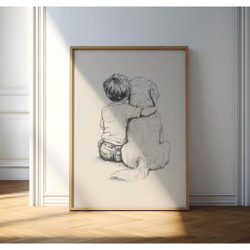 Golden Retriever and Boy Nursery Drawing, Dog Nursery Art, Kids Room Retro Poster, Dog Sketch Art, Neutral Dog Print, Boys Room Decor