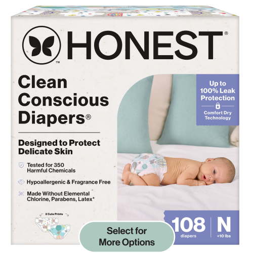 Honest Clean Conscious Baby Diapers Size Newborn (&lt;10 lbs), Hypoallergenic and Plant Based, 108 Count