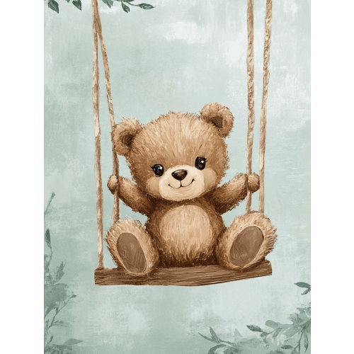 Cute Teddy Bear on Swing Canvas Wall Art Perfect for Living Room Bedroom Nursery Kids Room and Playroom Decoration.