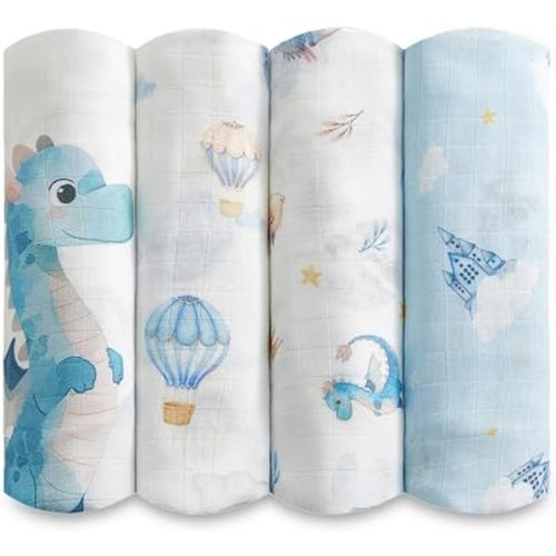 Muslin Baby Swaddle Blankets, 4-Pack 47x47 inches, Breathable 100% Rayon from Bamboo Receiving Blanket, Shower & Registry Gift (Little Dragon/Blue Castle/Hot Air Balloon/Prince & Dragon)