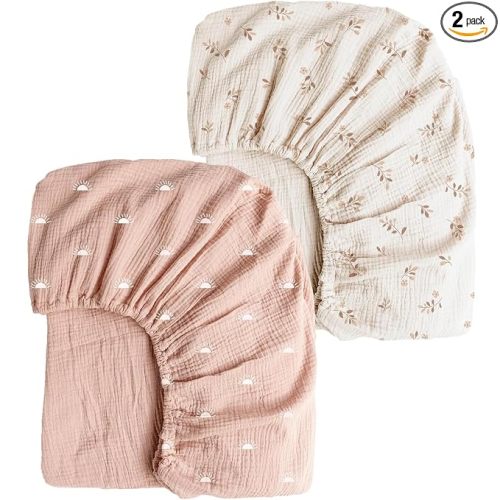 Konssy 2 Pack Muslin Crib Sheets for Standard Crib Mattress, 52" x 28" | 100% Cotton, Soft & Breathable, 360° Elastic Snug Fit, Solid & Printed Designs for Baby Girls & Boys (Pink Sun,Khaki Leaf)