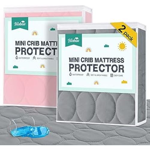 Mini Crib Mattress Protector Sheets Waterproof 2 Pack, Quilted Pack and Play Mattress Pad Cover Fits for Baby Mini Crib/Playen/Pack and Play Mattress, Grey & Pink, 38"x24"