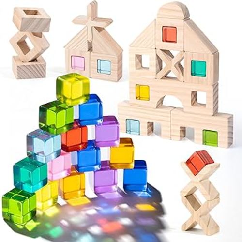 Wooden Rainbow Building Blocks Set for Kids | 22 PCS Wooden Blocks & 25 PCS Acrylic Gem Cubes Sensory Toys | Montessori Stacking Toys for Toddlers | Educational STEM Toys for Boys Girls 3-6