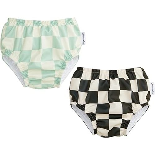 Tiny Twinkle Pull-Up Reusable Swim Diapers 2-Pack | Waterproof and UPF 50+ Sun Protection | Lightweight and Absorbent | Machine Washable(Sage,Black Checkers,6-12M)