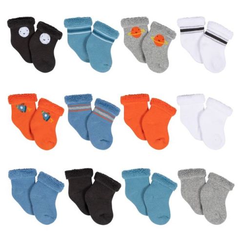 Gerber Baby Boys' 12-Pack Terry Wiggle Proof® Socks Space- 0-3 Months