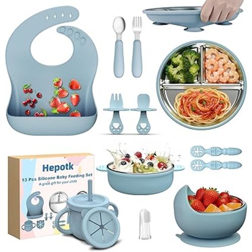 13 Pack Silicone Baby Feeding Set, BPA-Free Toddler Feeding Supplies, Include Suction Plates, Baby Bowls, Silicone Fork & Spoon, and More, First Stage Baby Dish Set - 6+ Months