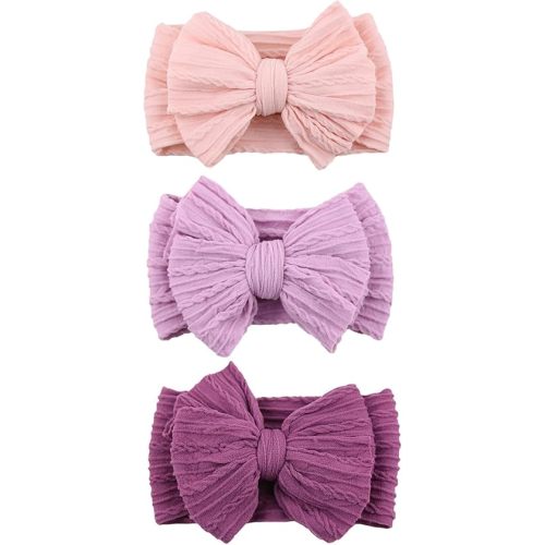 3 Pcs Valentines Baby Bows Headbands Soft Nylon Hairbands Super Elastic Headband Hair Accessories For Baby Girls Infant Toddler Essentials (Pink Light Deep Purple, Mid)