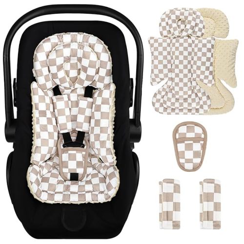 DILIMI Infant Car Seat Insert, Baby Car Seat Head Support with Removable Headrest, Adjustable Newborn Car Seat Cushion with3 Strap Paddings for Stroller, Swing, Bouncers, Coffee Lattice