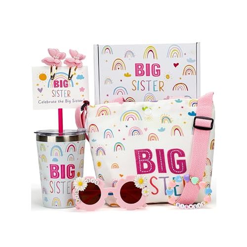 Big Sister Gift for Girls Sibling From New Baby - 12oz Stainless Steel Tumbler, Sunglasses, Canvas Tote Bag, Bracelet, Butterfly Hair Clips - Sibling Announcements & Baby Shower - 8PCS