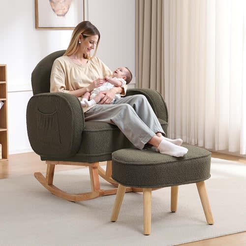 HCHAIRH Rocking Chair with Ottoman, Upholstered Glider Rocker with High Backrest and Side Pocket, Rocking Accent Armchair with Solid Wood Legs for Nursery/Living Room/Bedroom Green