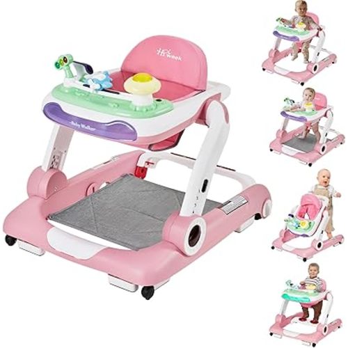Baby Walker with Wheels, 4-Gear Height Adjustable Activity Walker for Babies 6-18 Months, Music and Lights Bouncer Walker for Baby Girl, 5 in 1 Baby Activity Center Push Walker with Adjustable Speed