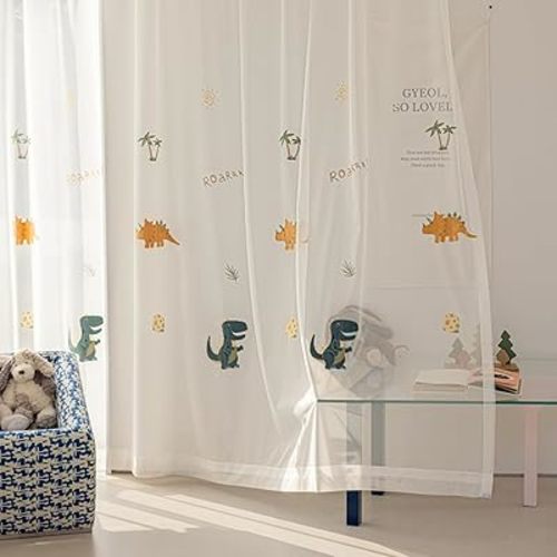 KMSG Cartoon Dinosaur Sheer Kids Curtains Embroidery Voile Drapes Nursery Curtains for Children Boys Baby Bedroom Living Room Light Filtering Window Tratement Grommet Top 1 Panel W52 x L84 Inch