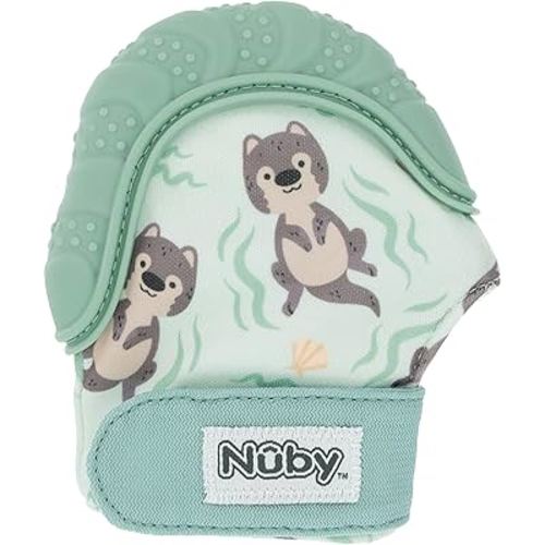 Nuby Happy Hands Silicone Teething Mitten, Soft Silicone Massaging Teether for Sore Gums, Easy-to-Wear Baby Teething Mitten with Secure Closure, Machine Washable & Ideal for Early Teethers, Otter