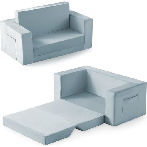 Kids Couch, 2-in-1 Toddler Chair Comfy 1-3 Years, Convertible Kids Chair, Toddler Couch that Fold Out, Kid Lounge Chairs for Boys and Girls Gifts, Kids Recline, Double, Blue