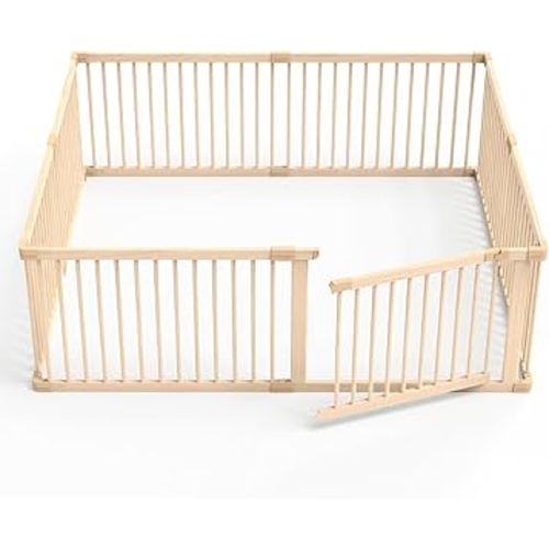 Wooden Baby Playpen, X-Large Size Adjustable Baby Playard for Babies and Toddlers with Safety Gate, CPC Certified Play Fence（71x63x24 Inches