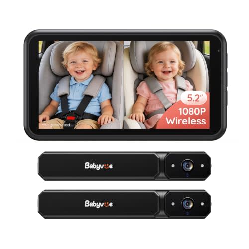 Babyvue Wireless Dual Car Camera Baby Monitor for 2 Kids | No Wiring, HD1080P, 5.2" Display, Spilt-Dispaly, Auto IR Night Vision, Mirror Image, Carseat Camera for Newborns Gift (Black)