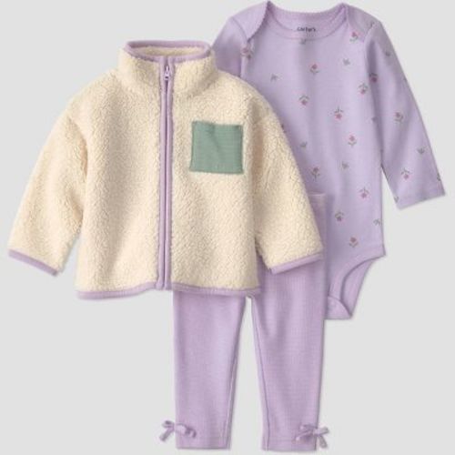 Carter's Just One You® Baby Girls' 3pc Long Sleeve Floral Printed Bodysuit, Pants and Jacket Set - Lilac 6M