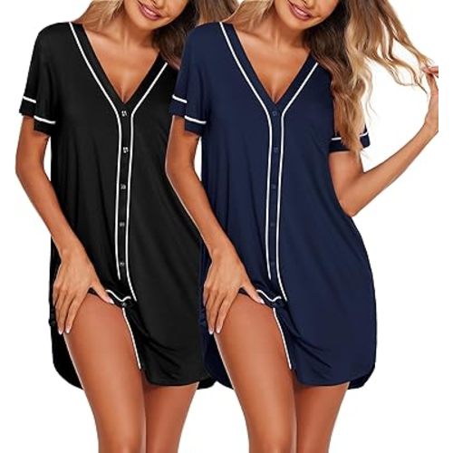 Ekouaer Nightgowns for Women 2 Pack Button Down Sleep Shirts Short Sleeve Night Shirts V Neck Sleepwear Soft Pajama Dress