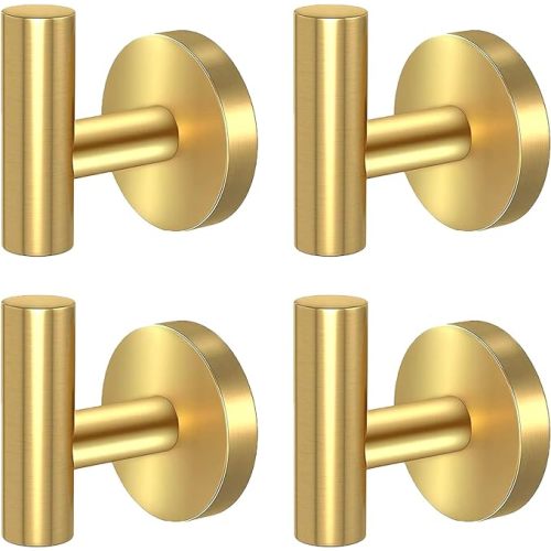 Kruodop Towel Hooks for Bathroom,4 Packs Wall Mount Towel Holder,Black Matte Wall Robe Hook,Stainless Steel Heavy Duty Door Hanger Towel Hook for Kitchen, Bedroom,Hotel,Pool,Coats - Gold