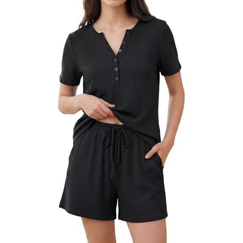 OUGES Women's 100% Cotton Maternity Nursing Pajamas Set Short Sleeve Henley Top and Shorts 2 Piece Pjs Comfy Loungewear