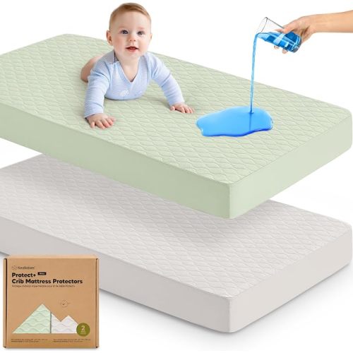 2pk Waterproof Crib Mattress Protector Cover Fitted 52x28 (Sage/Mavy) | Soft Quilted Cotton Crib Mattress Pad Cover, Quiet Waterproof Crib Sheets, Machine Washable, Easy Fit, Durable Baby Sheets