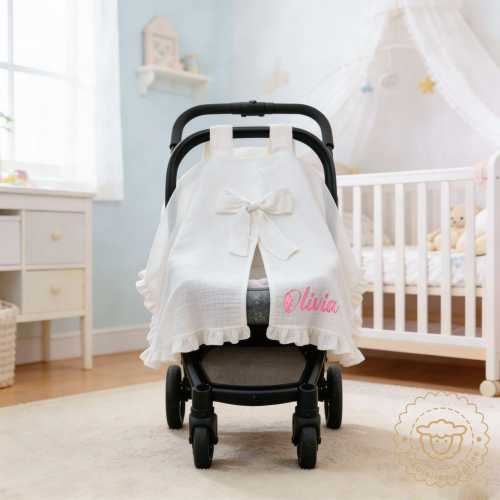 Personalized Embroidered Baby Car Seat Canopy Cover,Cotton Baby Car Seat Canopy with Ruffle design,Infant Stroller Sun Shade cover,Baby Gift