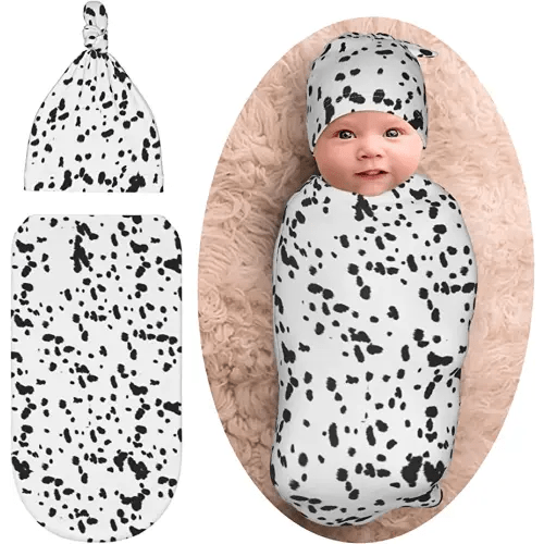 Dalmatian Dog Print Black Spot Newborn Swaddle Blanket with Hat Set Baby Stuff Receiving Blankets Soft Transition Sleep Sacks Gifts for Infant Boys Girls