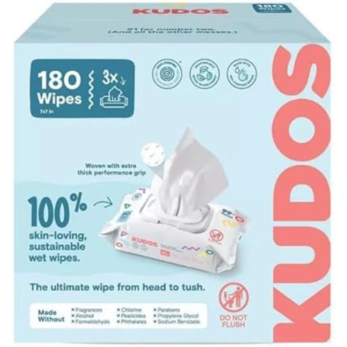 Kudos ~ Skin-Loving Baby Wipes, Plastic-Free, Unscented, 180 Count (3 Pack of 60)