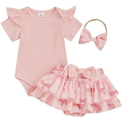 Engofs Baby Girl Clothes Newborn Summer Outfits Short Sleeve Romper Ruffle Bloomers Shorts with Headband