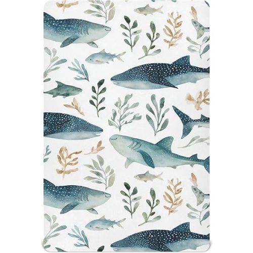 Mazeann Watercolor Whale Shark Fish Crib Sheets Soft Breathable Fitted Baby Crib Sheets Mattress Cover for Girls Boys, 52" x 28" x 9"