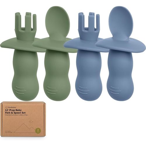 KeaBabies 4-Pack Silicone Baby Spoons and Forks Set - Baby Led Weaning Utensils 6-12 Months, Self Feeding Toddler Spoon & Fork for Training, Teething, Easy to Hold, BPA-Free Silicone (Slate)