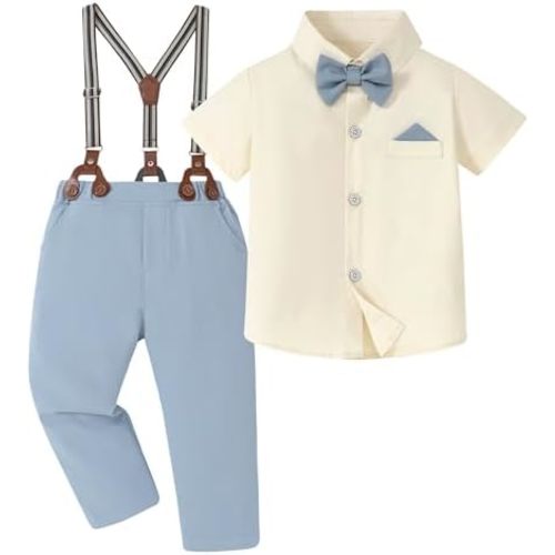 Toddler Boys Semi Formal Outfit 3pcs Sets Short Dress Shirt Suspender Pants Bow Tie for 1-5 Years
